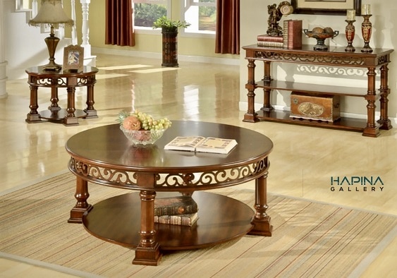 שולחן סלון עגול מעוטר מעץ