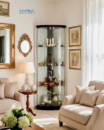 ויטרינה פינתית לסלון בצבע שחור וזכוכית אדם