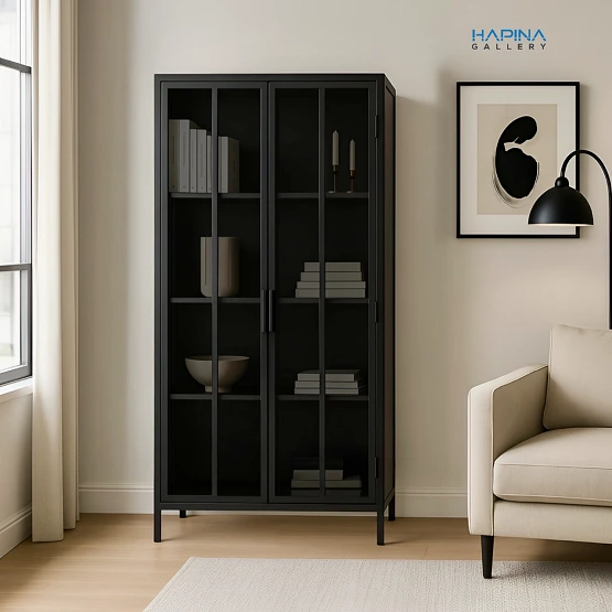 ויטרינה ממתכת בצבע שחור דלתות זכוכית