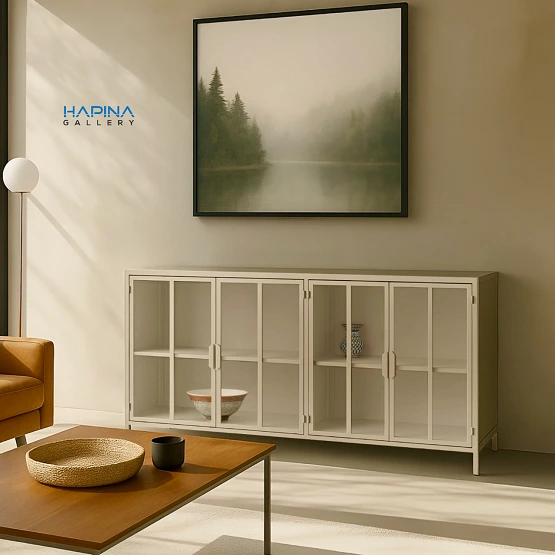 מזנון לסלון מתכת שמנת וזכוכית