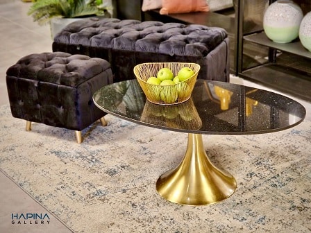 שולחן סלון זהב מוברש עם שיש אובלי